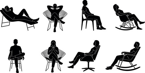 People relaxing on modern chairs silhouette set, comfortable sitting poses, leisure lifestyle, home interior furniture concept, isolated black vector illustration