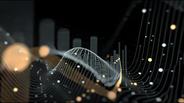 Futuristic data visualization with abstract wireframe landscape and dynamic graphs in a dark environment from a 3D viewpoint