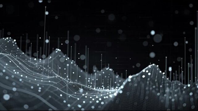 A futuristic landscape with digital waves and data points is visualized from a low angle against a dark background