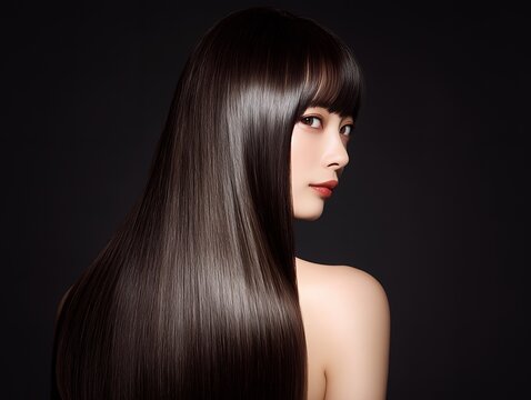 艶やかで美しいロングヘアを際立たせた黒背景の女性ヘアモデル横顔