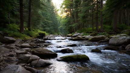 Fototapeta premium A serene forest stream flows over mossy rocks during the golden hour