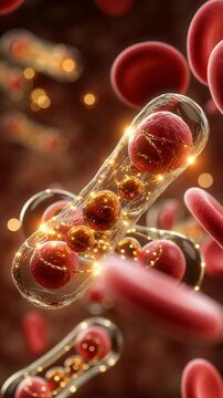 Highly detailed 3D rendering of cholesterol molecules attaching to red blood cells inside a blood vessel, illustrating the biological process of cholesterol buildup in the human circulatory system.
