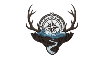 Deer Antlers with Compass and Mountain Landscape Emblem