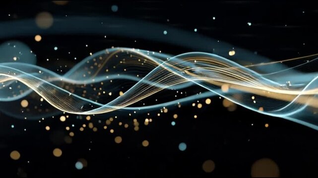 A swirling vortex of light and particles flowing through a dark space with wavy lines and glowing dots