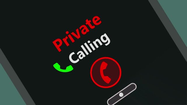Private caller incoming call screen animation with accept and decline icons, confidential mobile phone contact interface on dark tilted device . 4k animation video