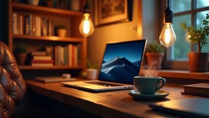Vibrant, cinematic workspace bathed in warm ambient light. Laptop, steaming coffee inspire creative focus, fostering serene productivity