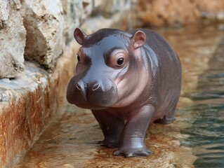 Naklejka premium 水辺を歩くつぶらな瞳の子カバが見せる愛らしい野生動物の瞬間