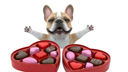 French Bulldog with Heart-Shaped Chocolates
