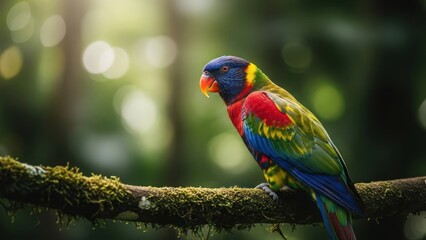 Naklejka premium A vibrant parrot perches on a mossy branch, lush forest background