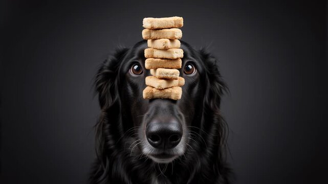 Black dog balancing a stack of treats on its nose. Patient pet performing a trick in a studio. Obedience and training concept. Looping video