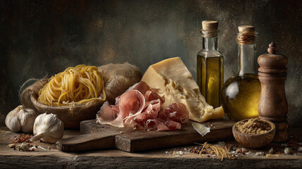 Still Life of Italian Cooking Ingredients with Pasta Prosciutto and Parmesan.