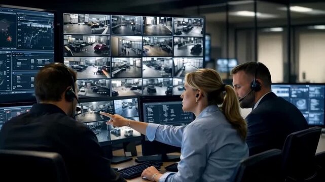 Security team monitoring surveillance feeds in control room