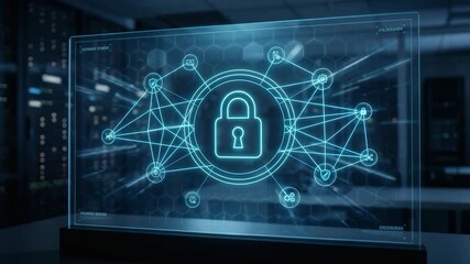 An artistic depiction of cybersecurity, where a glowing digital padlock represents the heart of network security, set against the backdrop of a data center. 