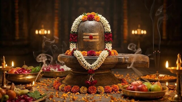 The sacred shivling, centerpiece of the spiritual shivaratri festival, is dramatically lit and decorated with warm garlands, honoring lord shiva in a temple shrine.