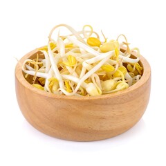 Light wooden bowl filled with fresh, crisp, yellow-and-white bean sprouts against a stark white background