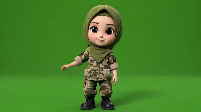 3D cartoon character in military uniform with green hijab on solid background