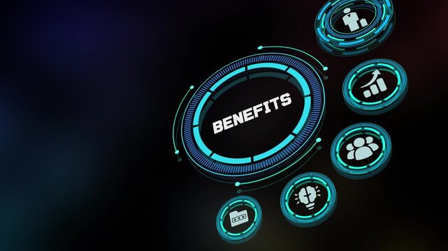 Futuristic circular HUD interface showcasing business benefits with glowing digital elements symbolizing value, performance improvement and strategic advantage.