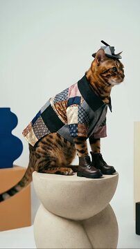 Stylish bengal cat wearing patchwork shirt and boots sitting on stool