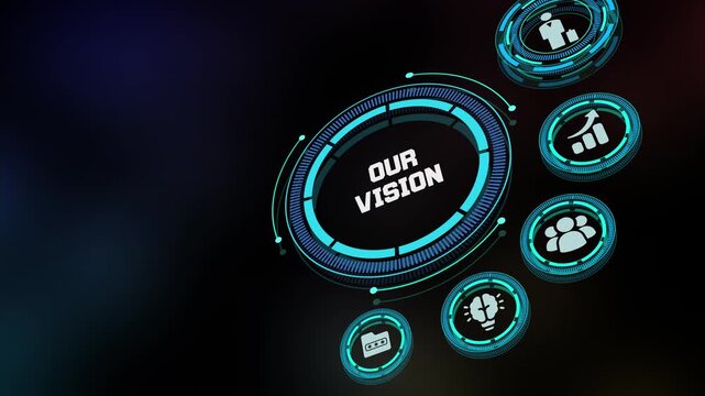  Future oriented vision statement concept with icons representing long term planning, innovation, corporate goals, and strategic business growth.