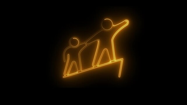Neon stick figures illustration on black background showing mentor helping mentee climb success arrow for business leadership growth teamwork and partnership.

