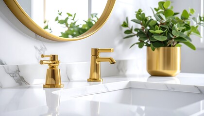 Bright, modern bathroom featuring gold fixtures, white marble countertop, and green potted plant