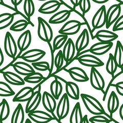 Seamless green leaf pattern on white background. Minimalist hand-drawn botanical line art for textile, wallpaper, and wrapping paper design. Organic foliage illustration in natural style.