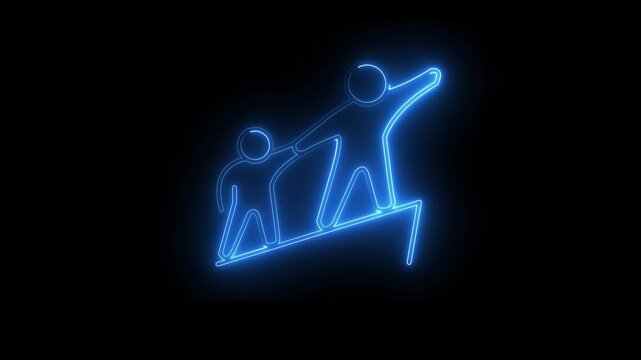 Neon stick figures illustration on black background showing mentor helping mentee climb success arrow for business leadership growth teamwork and partnership.
