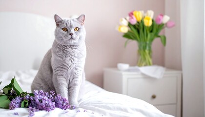 A serene scene of a grey cat sitting on a bed with purple flowers