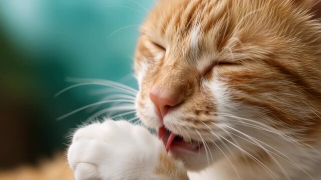 Close-up of an orange tabby cat licking its white paw. Ginger cat grooming itself with eyes closed in a relaxed manner. Feline hygiene and domestic pet behavior concept