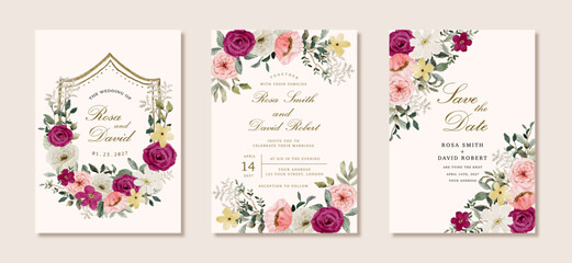 Obraz premium wedding invitation set with pink white floral watercolor frame