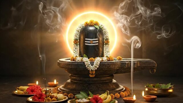 Honoring lord shiva, the sacred lingam glows intensely with a golden aura amidst smoke and offerings during the dark shivaratri festival.