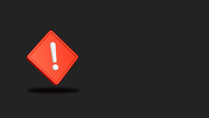 黒い背景の中央に赤い菱形のビックリマークアイコンが浮ぶ3DCGイラスト。ウェブサイトの記事や動画のサムネイルやアイキャッチに適した注意喚起のためのイメージ素材
