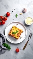 A plate of lasagna on a table with tomatoes and herbs