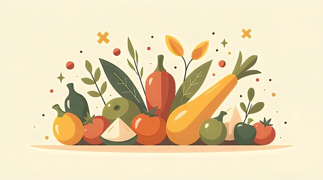 Simple abstract illustration using basic color shapes inspired by spices and ingredients to represent global cuisine and shared food culture, clean background, minimal editorial food concept, modern a
