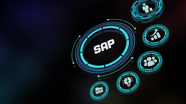 Professional enterprise resource planning concept with SAP heading and system icon for corporate management, software solutions, and business logic.