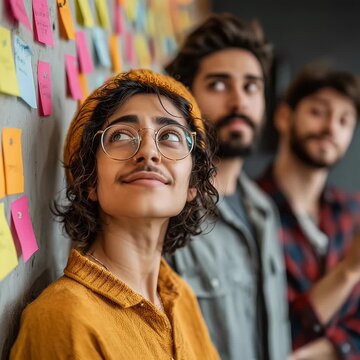 Creative person observing ideas on collaborative wall