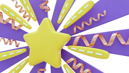 3D Yellow Star Burst with Purple Rays and Ribbons
