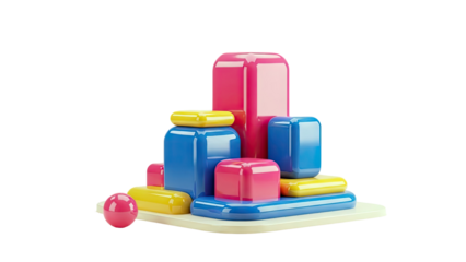 Abstract 3D geometric shapes in pink, blue, and yellow on a light base