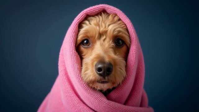Dog wrapped in a pink towel after a bath. Fluffy puppy looking at camera on a blue background. Pet grooming and hygiene concept. Looping video