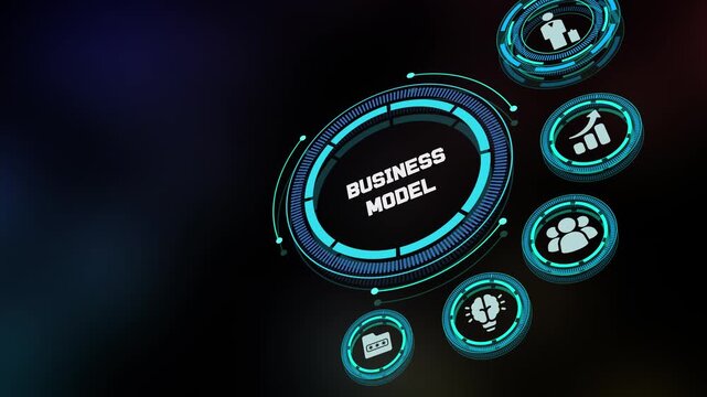 Business model innovation concept with digital strategy HUD interface, corporate planning icons and modern enterprise framework.