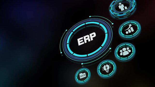Enterprise resource planning system concept with futuristic HUD interface, business process automation icons and digital software platform.