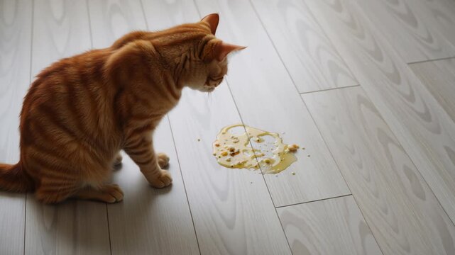 Orange tabby cat vomiting on a laminate floor. Sick pet retching and gagging indoors. Feline digestive health and pet care concept