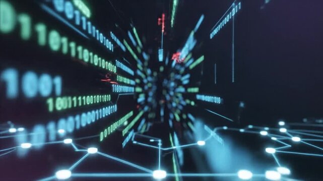 Glowing blue and green binary code streaming through a network of connected nodes and lines in a dark background with a futuristic and technological