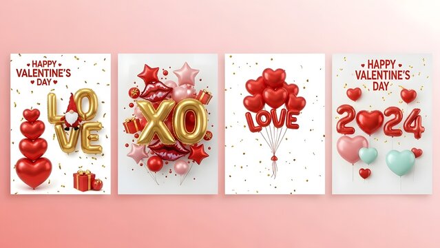Collection of valentines day cards with heart balloons and love letters - Powered by Adobe