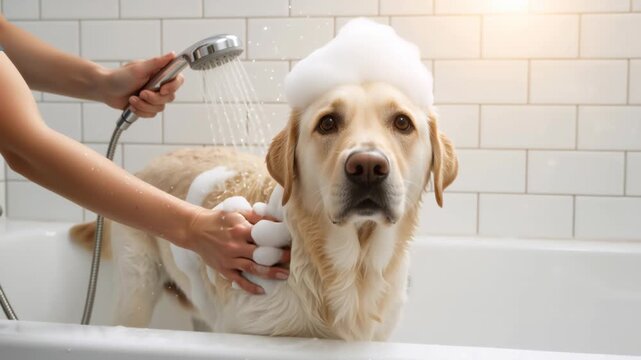 Golden Labrador retriever getting a bath in a white tub. Person washing a dog with soap and water in a bathroom. Pet grooming and hygiene concept
