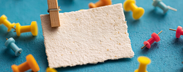 Blank note paper clothespin pushpin reminder message background copyspace office colorful blank note paper with clothespin and pushpin blue