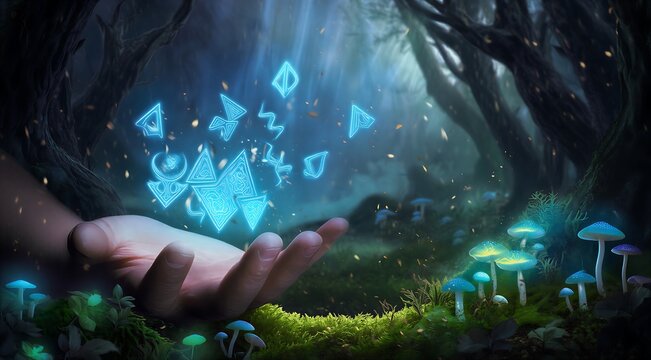 Hand holding glowing futuristic digital icons in enchanted forest setting - Powered by Adobe