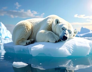 A polar bear sleeps peacefully on a melting ice floe