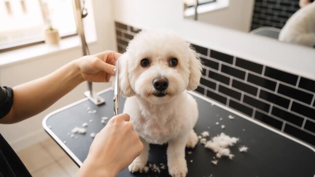 Professional groomer trimming a white fluffy dog's hair with scissors. Pet grooming salon service. Bichon Frise getting a haircut on a grooming table. Animal care and hygiene concept