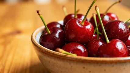 Ripe dark red sweet cherries, featuring bright green stems, presented closely in a beige ceramic bowl on a blurred wooden surface.